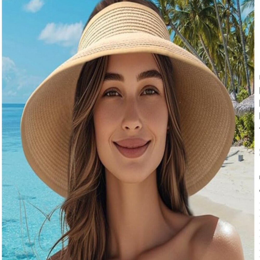 Zenana Woven Straw Adjustable Ponytail Wide Brim Travel Sun Visor Hat